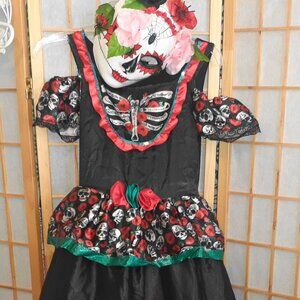 DAY OF THE DEAD COSTUME LONG HOOP DRESS & MASK SET SKULL & ROSES-GIRLS L 10-12